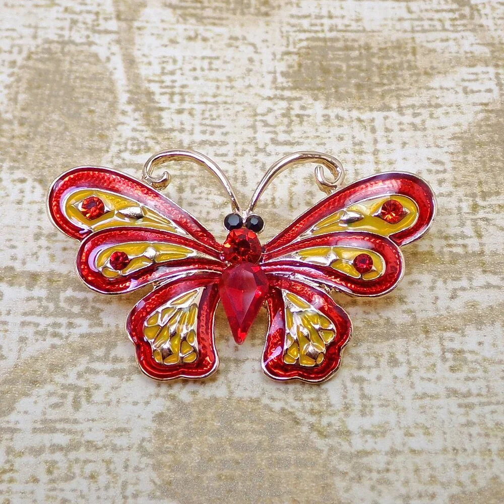 Butterfly brooch pin with red crystals and red and yellow color enamel - Picture 3 of 6